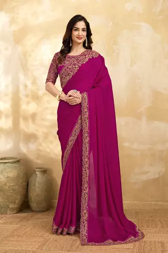 Satin Embroidery With Sequence Work Saree with Unstitched Blouse