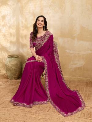 Satin Embroidery With Sequence Work Saree with Unstitched Blouse 3