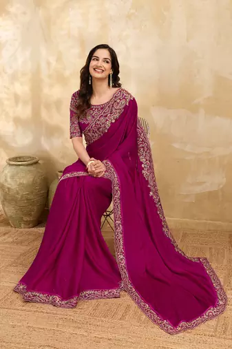 Satin Embroidery With Sequence Work Saree with Unstitched Blouse