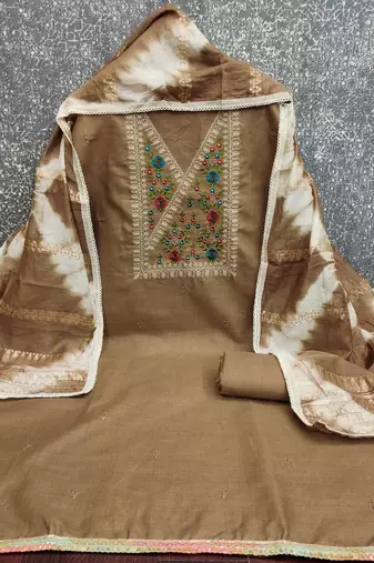  brown thread embroidery cotton dress material