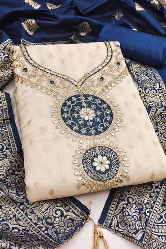 Women's beige embroidery simmer silk dress material