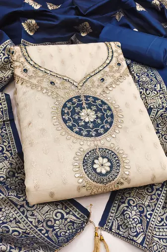 Women's beige embroidery simmer silk dress material