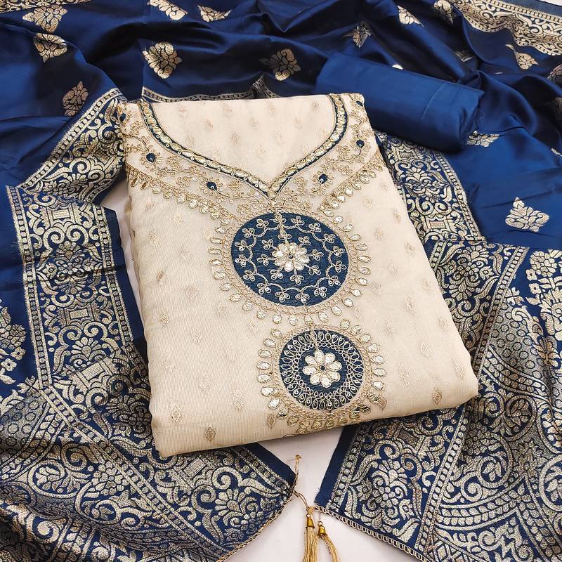 Women's beige embroidery simmer silk dress material