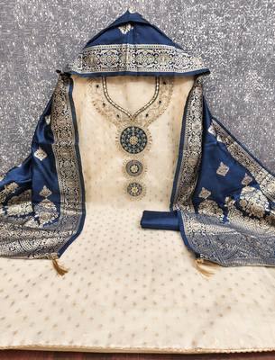  beige embroidery simmer silk dress material 3