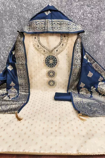  beige embroidery simmer silk dress material