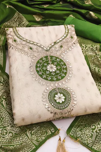 Women's beige embroidery simmer silk dress material