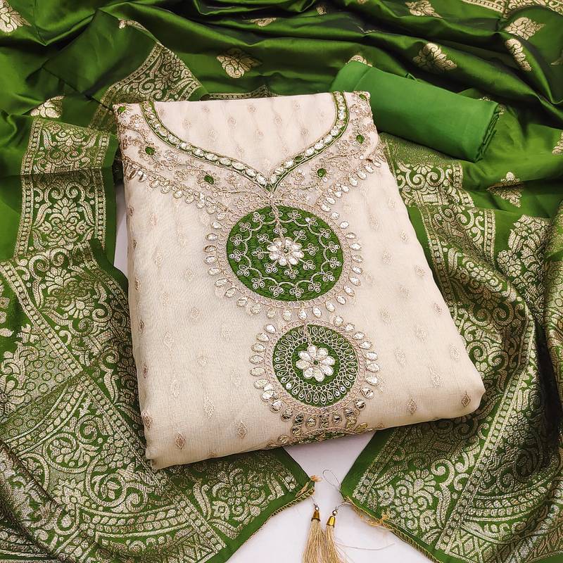 Women's beige embroidery simmer silk dress material