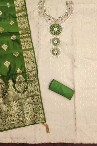  beige embroidery simmer silk dress material