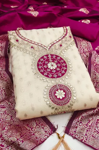 Women's beige embroidery simmer silk dress material