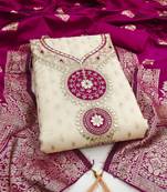 Women's beige embroidery simmer silk dress material