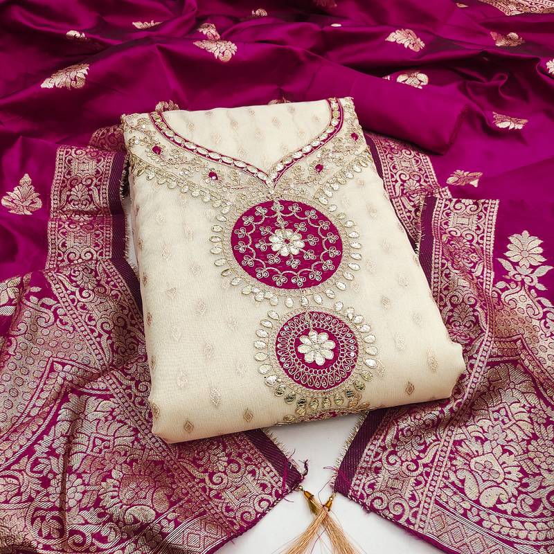 Women's beige embroidery simmer silk dress material