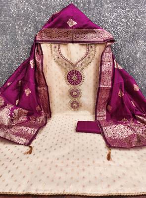  beige embroidery simmer silk dress material 3