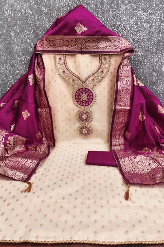  beige embroidery simmer silk dress material
