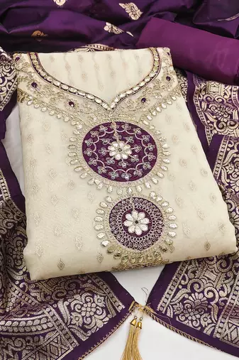 Women's beige embroidery simmer silk dress material