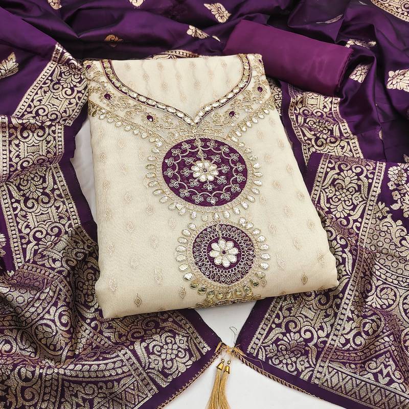 Women's beige embroidery simmer silk dress material