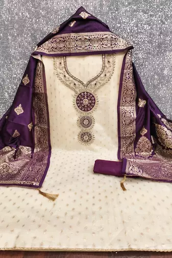  beige embroidery simmer silk dress material