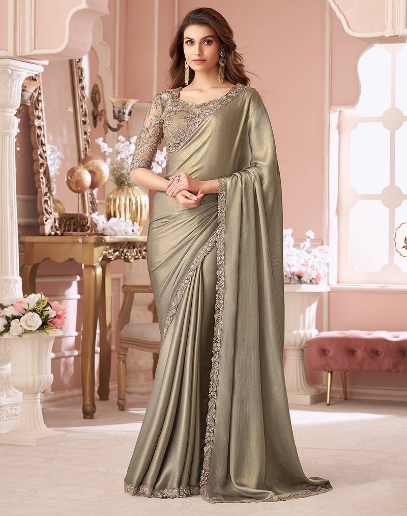 Tussar Silk Embroidery With Sequence Work Saree with Unstitched Blouse