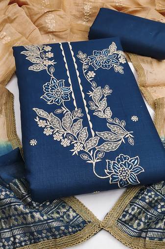 Women's blue embroidery cotton dress material
