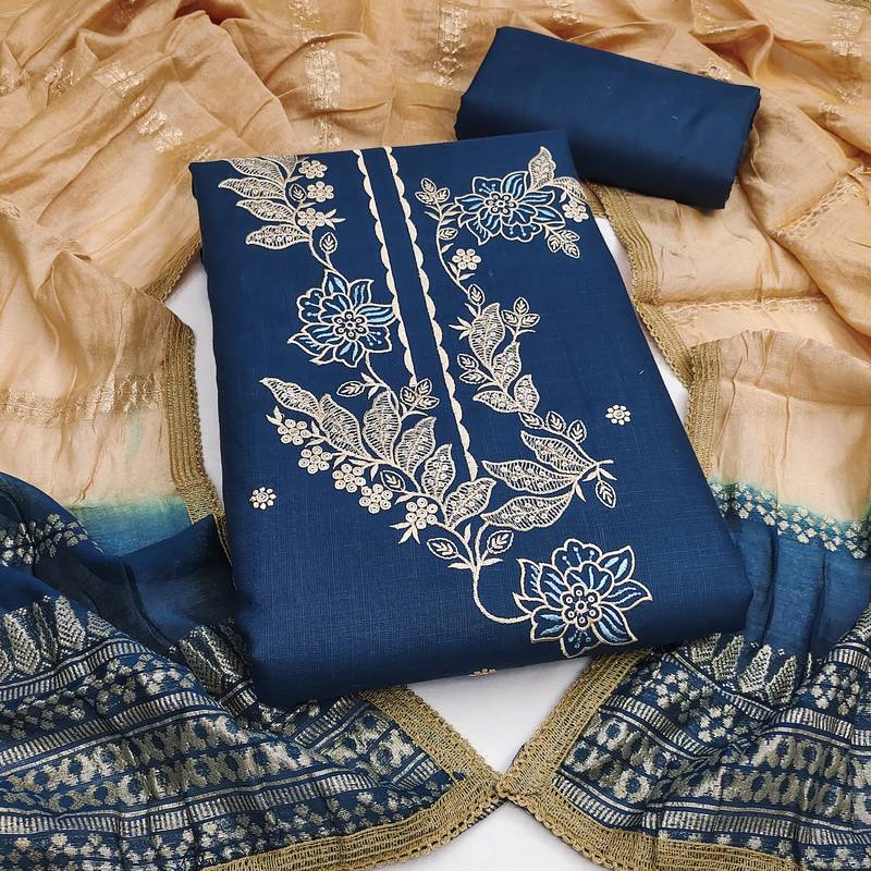 Women's blue embroidery cotton dress material