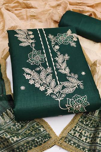 Women's green embroidery slub cotton dress material