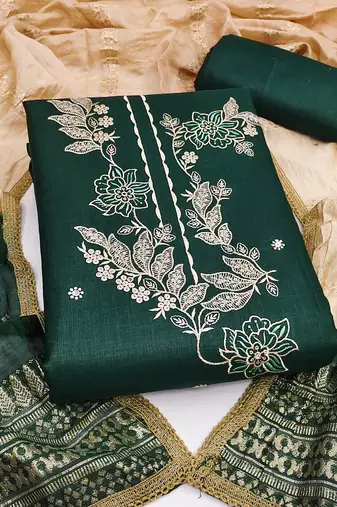 Women's green embroidery slub cotton dress material