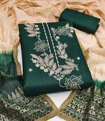 Women's green embroidery slub cotton dress material