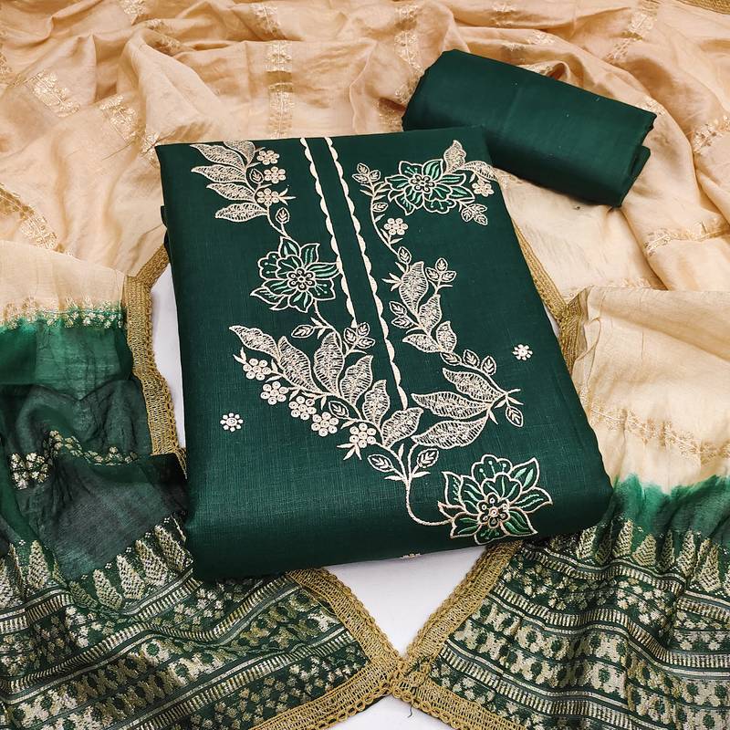 Women's green embroidery slub cotton dress material