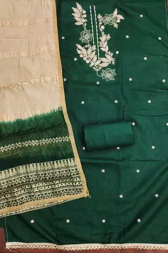  green embroidery slub cotton dress material