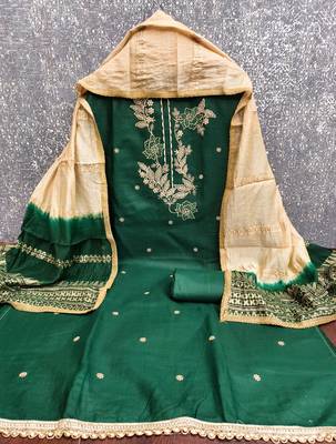  green embroidery slub cotton dress material 3