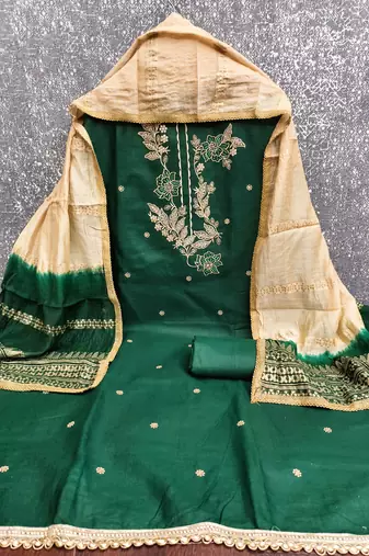  green embroidery slub cotton dress material