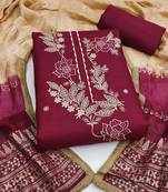 Women's maroon embroidery slub cotton dress material