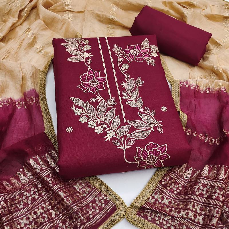 Women's maroon embroidery slub cotton dress material