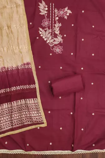  maroon embroidery slub cotton dress material