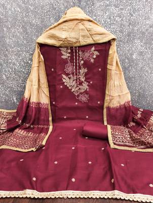  maroon embroidery slub cotton dress material 3