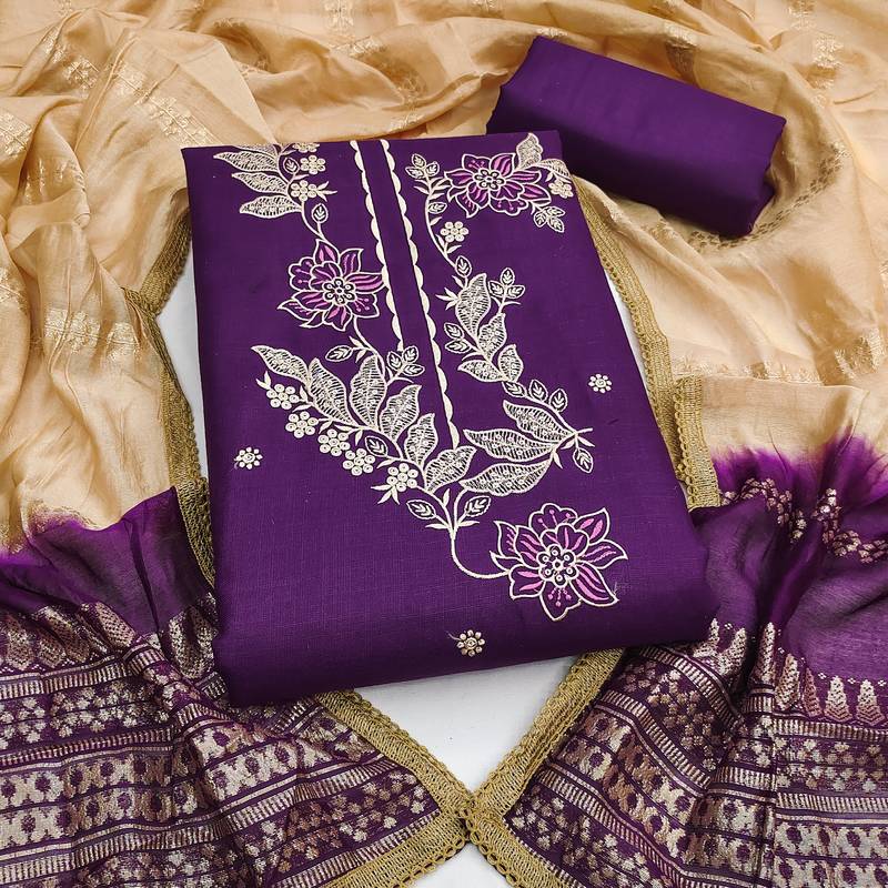 Women's purple embroidery slub cotton dress material
