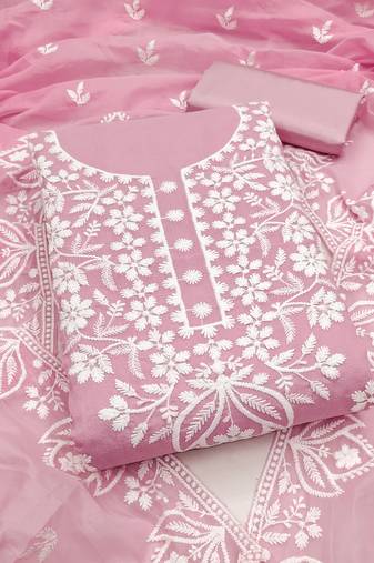 Women's pink thread embroidery chanderi dress material