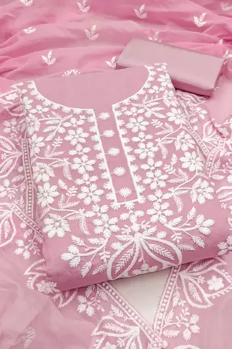 Women's pink thread embroidery chanderi dress material