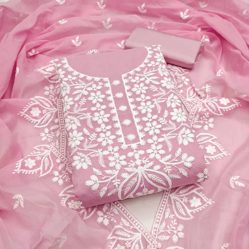 Women's pink thread embroidery chanderi dress material