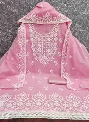  pink thread embroidery chanderi dress material 3