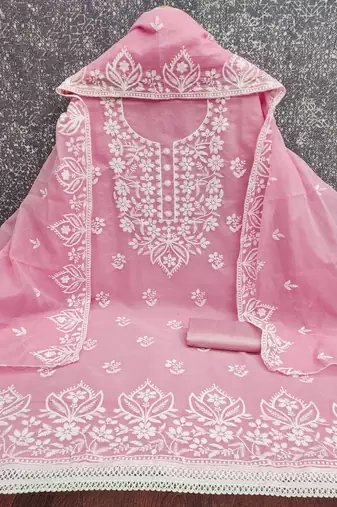  pink thread embroidery chanderi dress material