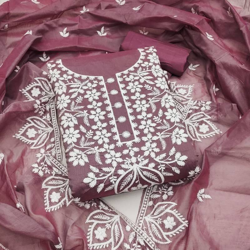 Women's wine thread embroidery chanderi dress material
