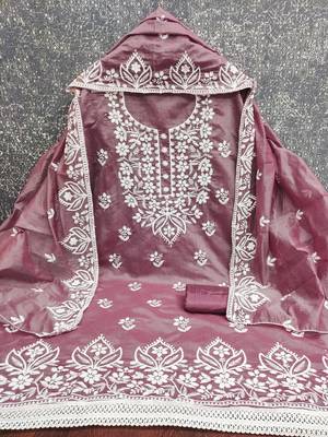  wine thread embroidery chanderi dress material 3
