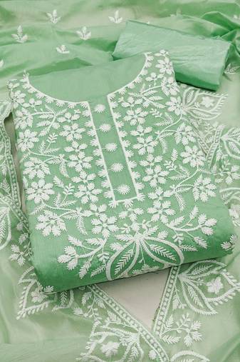 Women's green thread embroidery chanderi dress material