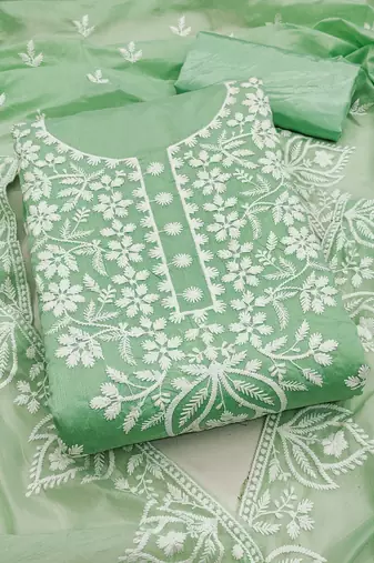 Women's green thread embroidery chanderi dress material