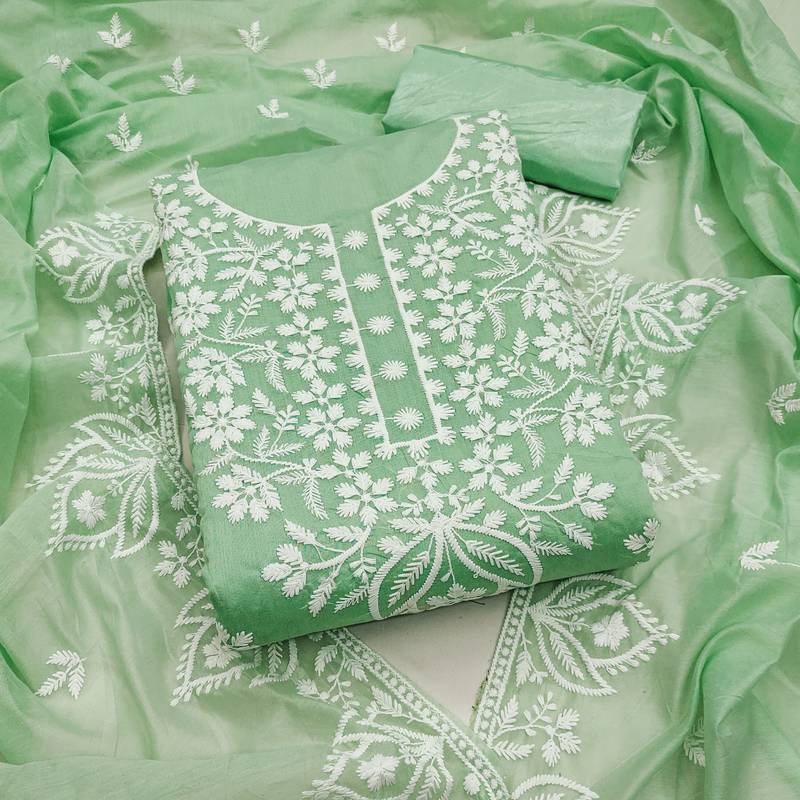 Women's green thread embroidery chanderi dress material