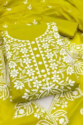 Women's mehandi thread embroidery chanderi dress material