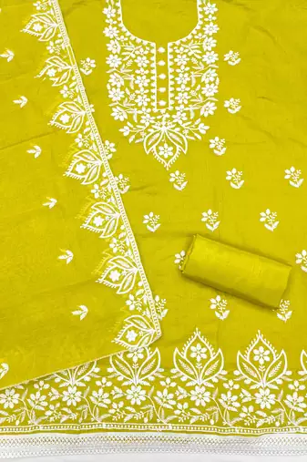  mehandi thread embroidery chanderi dress material