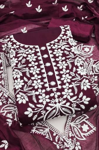 Women's purple thread embroidery chanderi dress material
