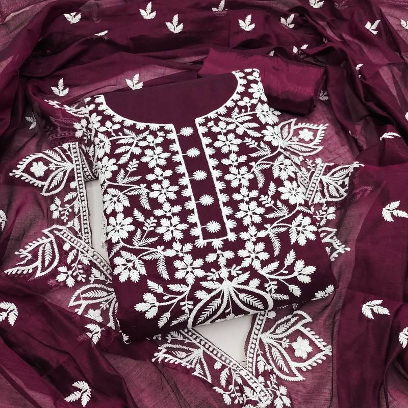 Women's purple thread embroidery chanderi dress material