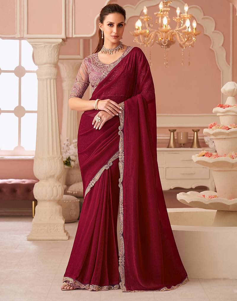 Tussar Silk Embroidery Sequence work Saree with Unstitched Blouse Piece